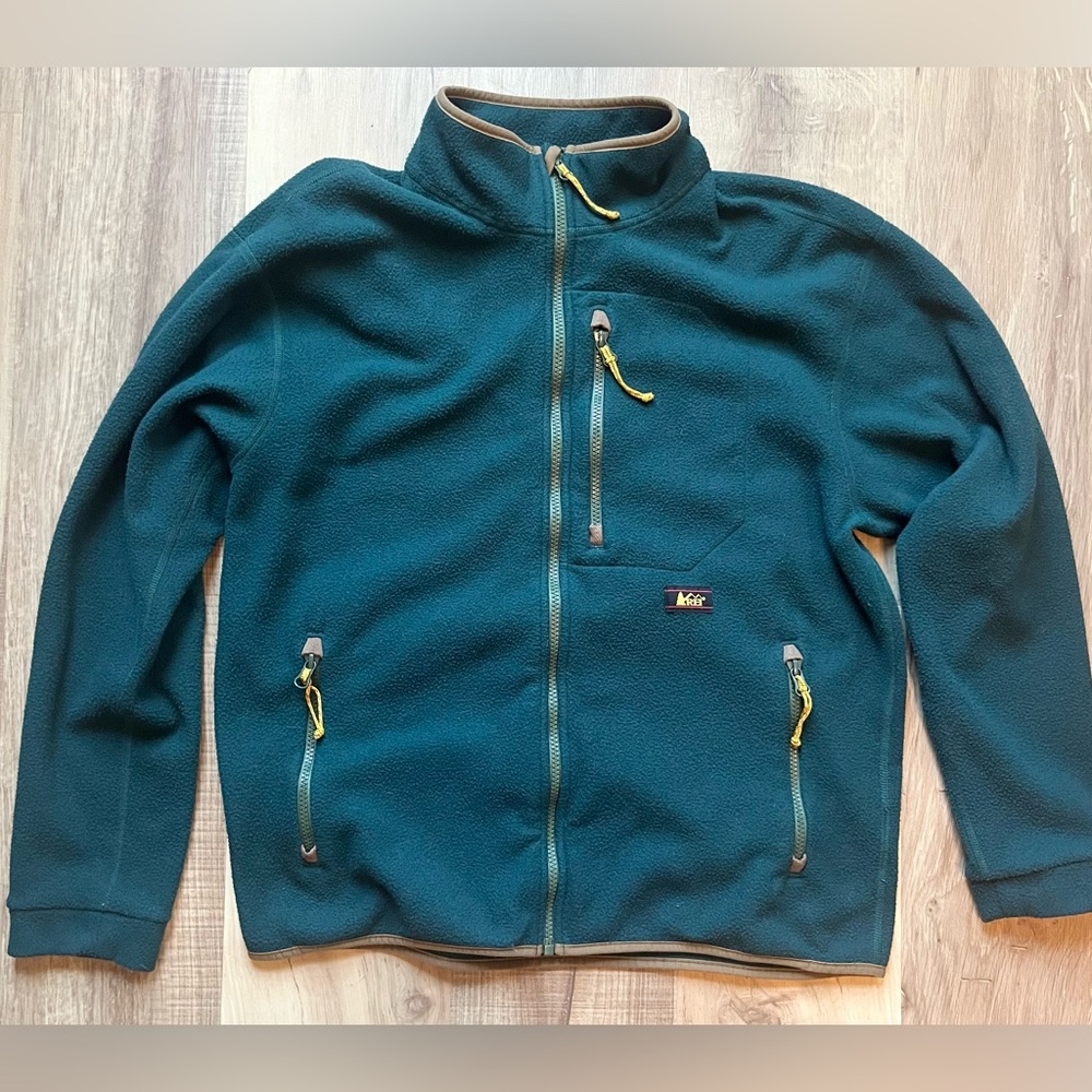 REI Green Fleece Jacket with Brown Trim
